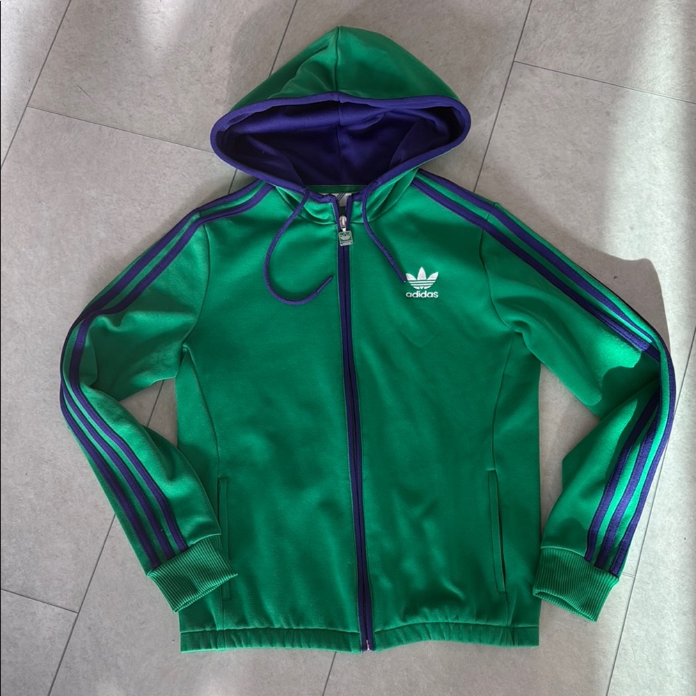 Adidas Green Hoodie with Purple Stripes- M
